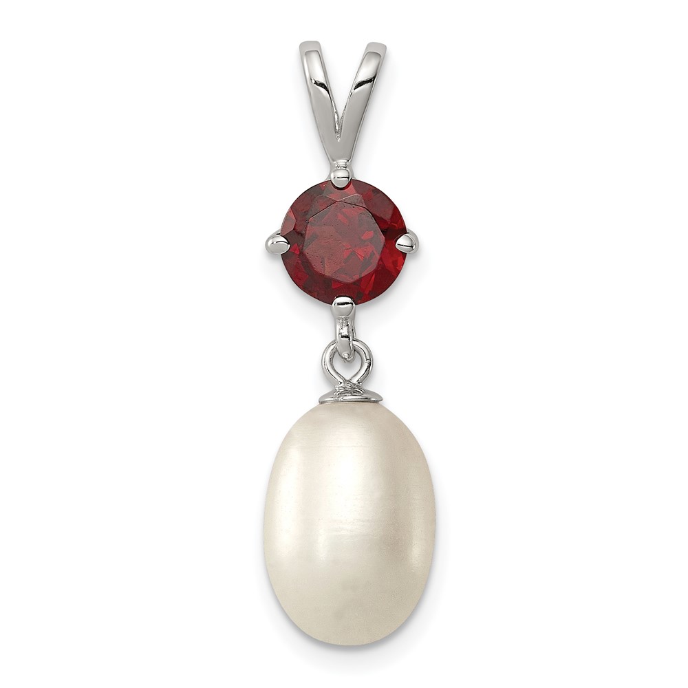 Sterling Silver Rhodium-plated 8-9mm White Teardrop Freshwater Cultured Pearl and 1.00GA Garnet Pendant (QP4641)