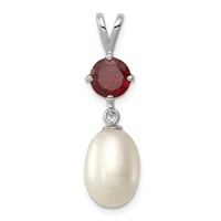 Sterling Silver Rhodium-plated 8-9mm White Teardrop Freshwater Cultured Pearl and 1.00GA Garnet Pendant view 1