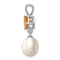 Sterling Silver Rhodium-plated 8-9mm White Teardrop Freshwater Cultured Pearl and.75CI Citrine Pendant view 2