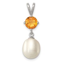 Sterling Silver Rhodium-plated 8-9mm White Teardrop Freshwater Cultured Pearl and.75CI Citrine Pendant view 1