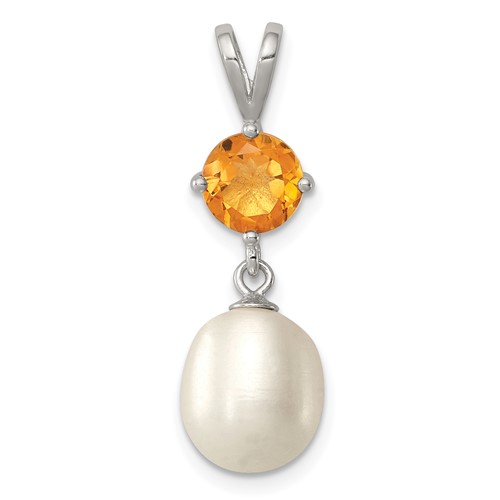 Sterling Silver Rhodium-plated 8-9mm White Teardrop Freshwater Cultured Pearl and.75CI Citrine Pendant