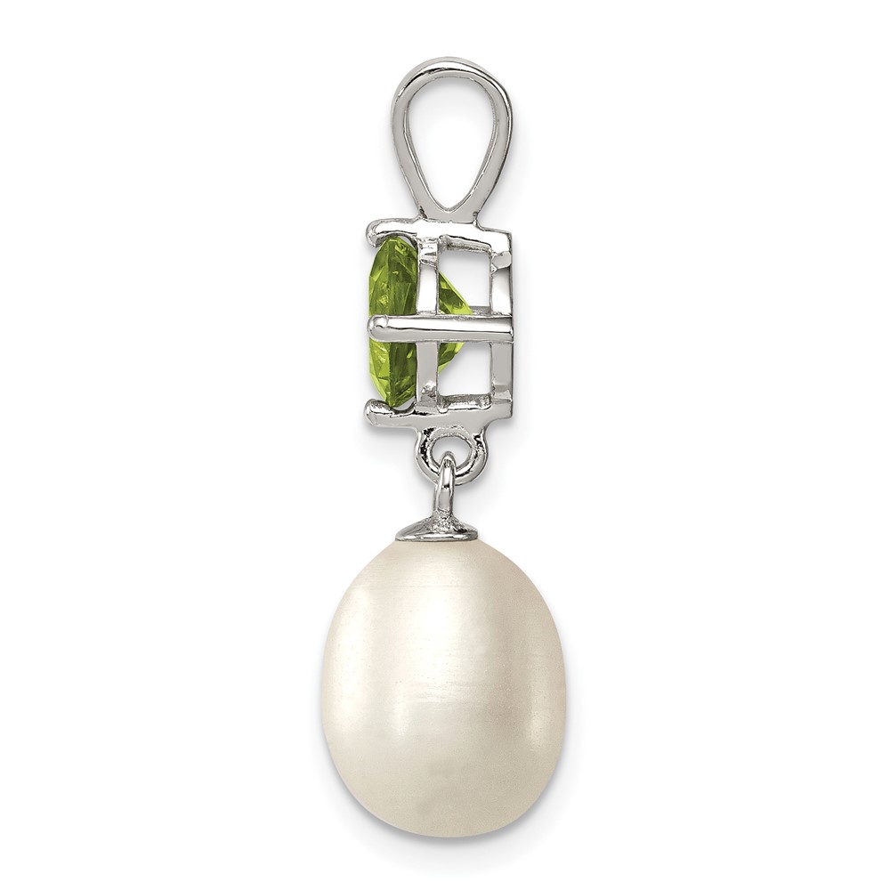 Sterling Silver Rhodium-plated 8-9mm White Teardrop Freshwater Cultured Pearl and .90PE Peridot Pendant (QP4643)