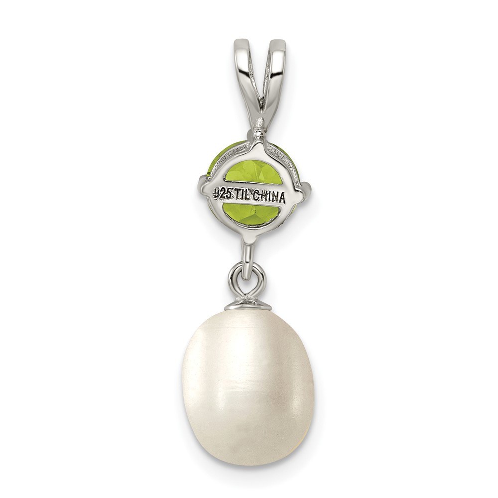 Sterling Silver Rhodium-plated 8-9mm White Teardrop Freshwater Cultured Pearl and .90PE Peridot Pendant (QP4643)