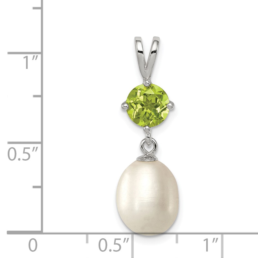 Sterling Silver Rhodium-plated 8-9mm White Teardrop Freshwater Cultured Pearl and .90PE Peridot Pendant (QP4643)