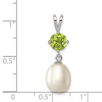 Sterling Silver Rhodium-plated 8-9mm White Teardrop Freshwater Cultured Pearl and.90PE Peridot Pendant view 3