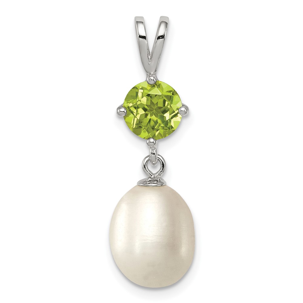 Sterling Silver Rhodium-plated 8-9mm White Teardrop Freshwater Cultured Pearl and .90PE Peridot Pendant (QP4643)