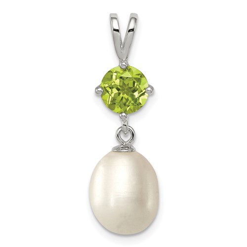Sterling Silver Rhodium-plated 8-9mm White Teardrop Freshwater Cultured Pearl and.90PE Peridot Pendant