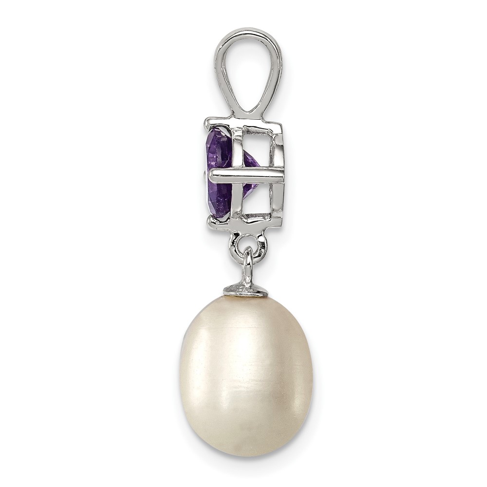 Sterling Silver Rhodium-plated 8-9mm White Teardrop Freshwater Cultured Pearl and .75AM Amethyst Pendant (QP4644)
