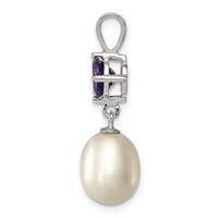 Sterling Silver Rhodium-plated 8-9mm White Teardrop Freshwater Cultured Pearl and.75AM Amethyst Pendant view 2