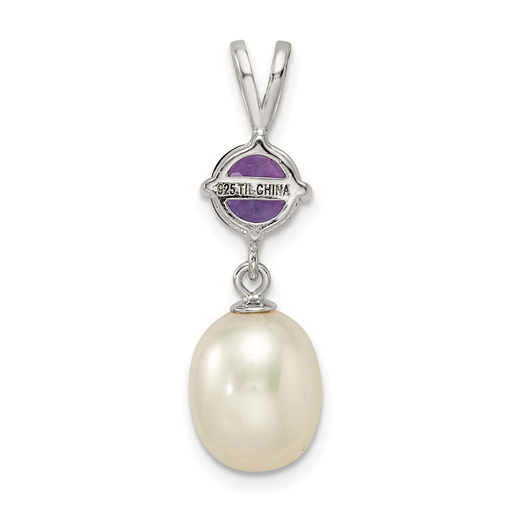 Sterling Silver Rhodium-plated 8-9mm White Teardrop Freshwater Cultured Pearl and .75AM Amethyst Pendant (QP4644)