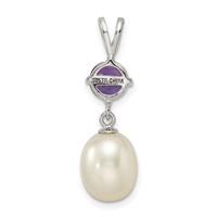 Sterling Silver Rhodium-plated 8-9mm White Teardrop Freshwater Cultured Pearl and.75AM Amethyst Pendant view 4