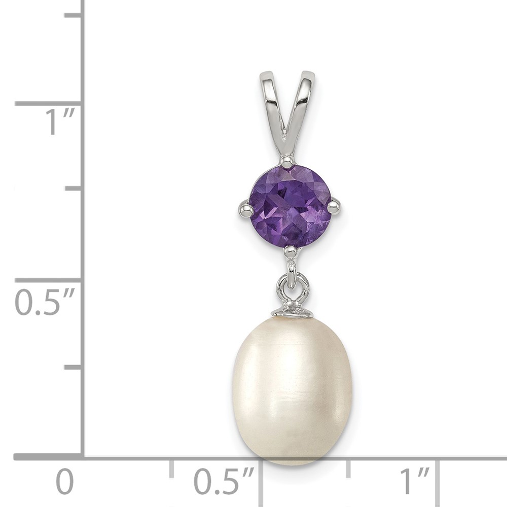 Sterling Silver Rhodium-plated 8-9mm White Teardrop Freshwater Cultured Pearl and .75AM Amethyst Pendant (QP4644)