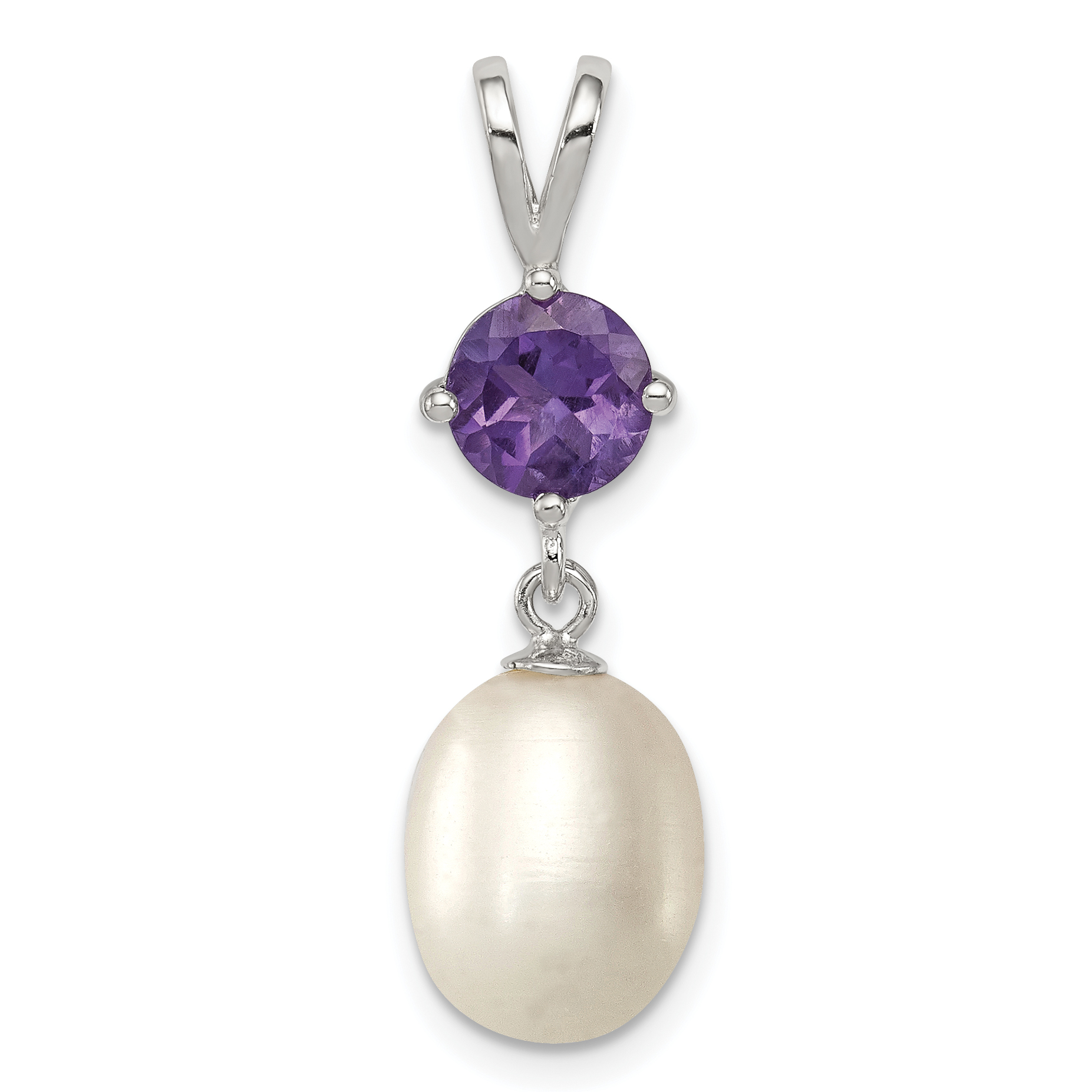 Sterling Silver Rhodium-plated 8-9mm White Teardrop Freshwater Cultured Pearl and .75AM Amethyst Pendant (QP4644)