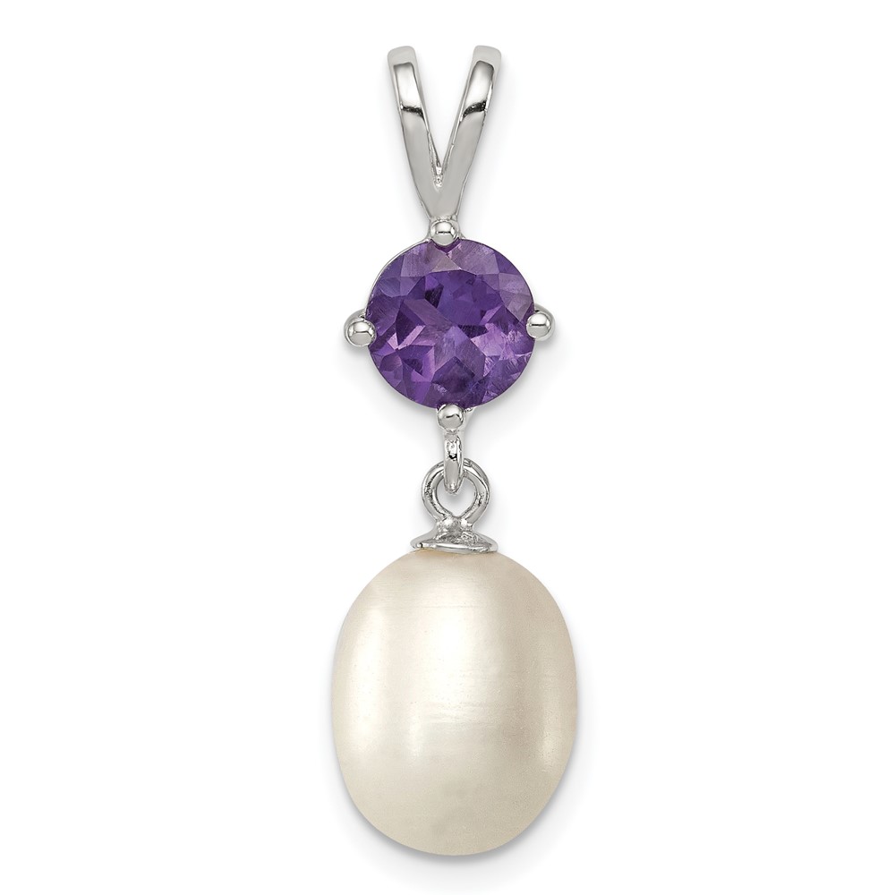 Sterling Silver Rhodium-plated 8-9mm White Teardrop Freshwater Cultured Pearl and .75AM Amethyst Pendant (QP4644)
