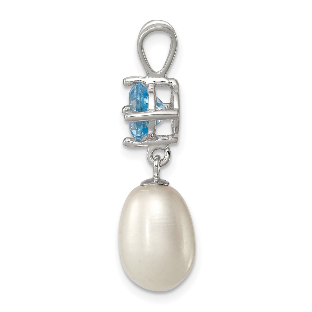 Sterling Silver Rhodium-plated 8-9mm White Teardrop Freshwater Cultured Pearl and 1.05BT Blue Topaz Pendant (QP4645)