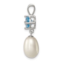 Sterling Silver Rhodium-plated 8-9mm White Teardrop Freshwater Cultured Pearl and 1.05BT Blue Topaz Pendant view 2