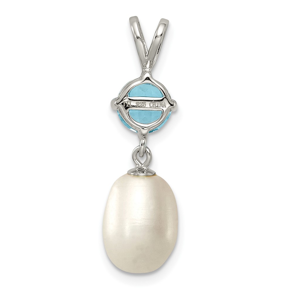 Sterling Silver Rhodium-plated 8-9mm White Teardrop Freshwater Cultured Pearl and 1.05BT Blue Topaz Pendant (QP4645)