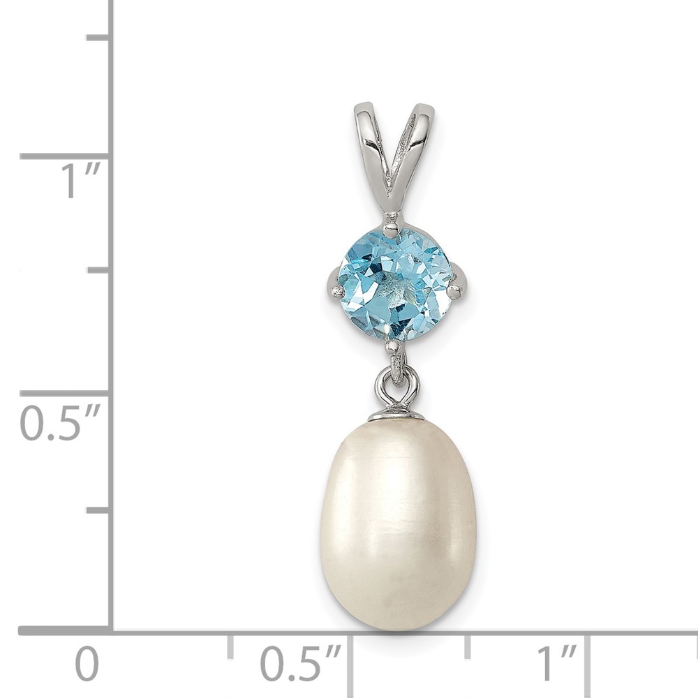 Sterling Silver Rhodium-plated 8-9mm White Teardrop Freshwater Cultured Pearl and 1.05BT Blue Topaz Pendant (QP4645)