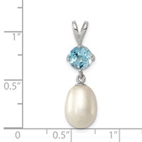 Sterling Silver Rhodium-plated 8-9mm White Teardrop Freshwater Cultured Pearl and 1.05BT Blue Topaz Pendant view 3