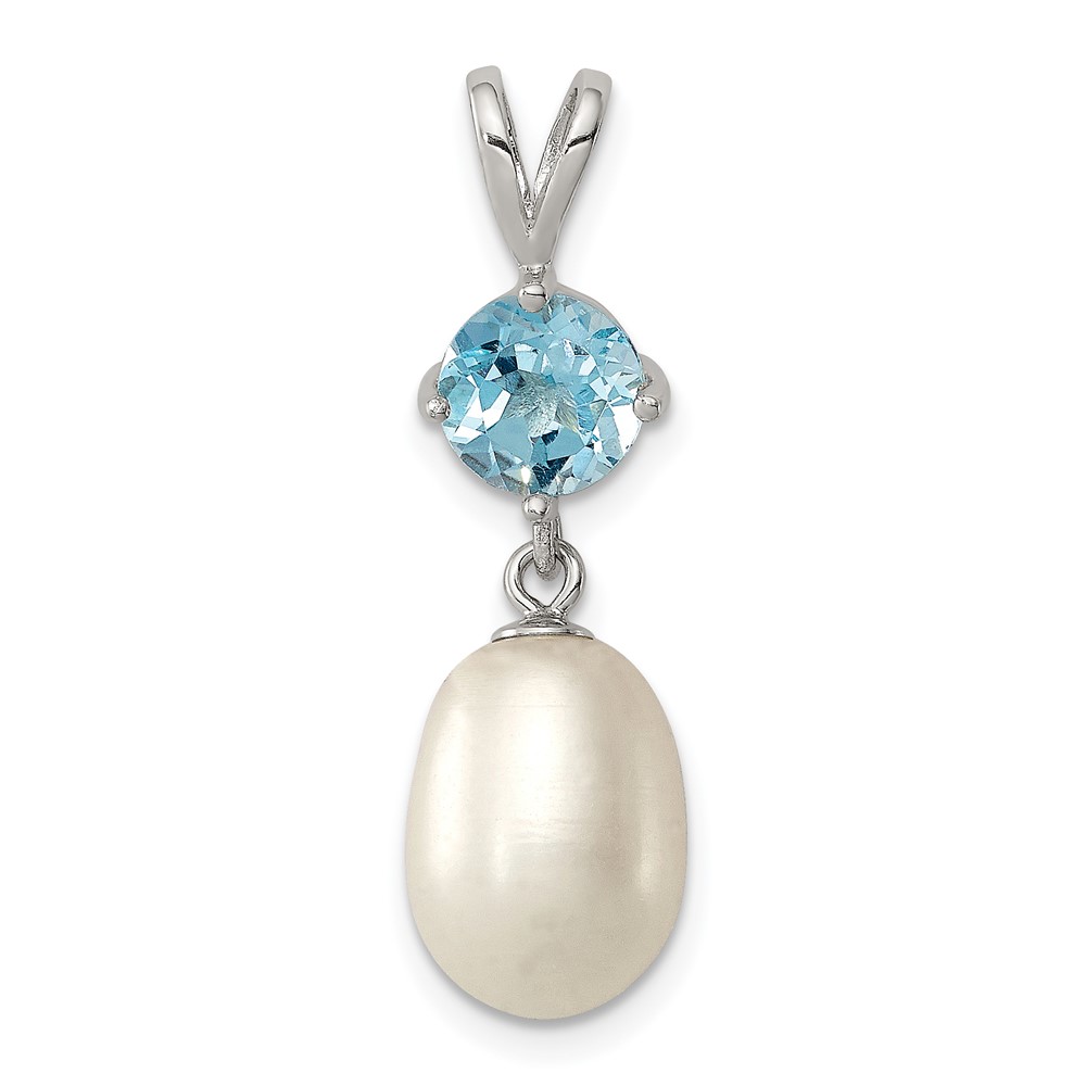 Sterling Silver Rhodium-plated 8-9mm White Teardrop Freshwater Cultured Pearl and 1.05BT Blue Topaz Pendant (QP4645)
