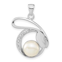 Sterling Silver Polished CZ & 8-9mm FW Cultured Pearl Rabbit Pendant view 1