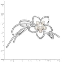 Sterling Silver Rhodium-plated 4-7mm White Button Freshwater Cultured Pearl and CZ Flower Brooch Pin view 2