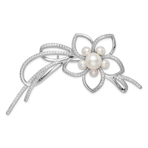 Sterling Silver Rhodium-plated 4-7mm White Button Freshwater Cultured Pearl and CZ Flower Brooch Pin