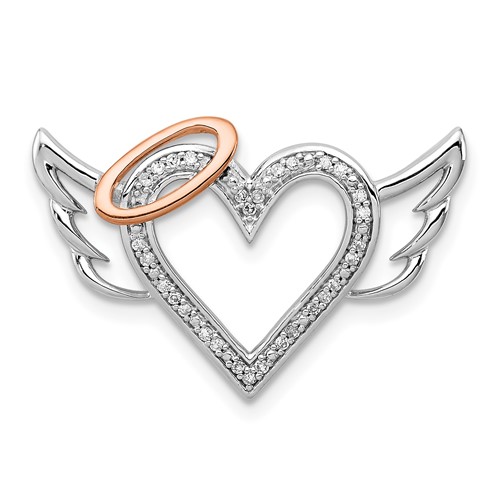 Sterling Silver Rhodium Pendant with 10K Rose Gold Dia. Heart Wings Slide