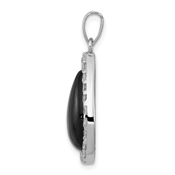 Sterling Silver Rhodium-plated CZ and Onyx Tear drop Pendant