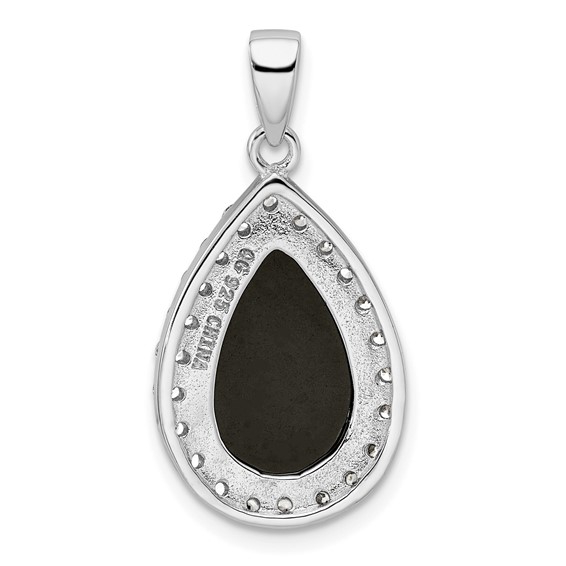 Sterling Silver Rhodium-plated CZ and Onyx Tear drop Pendant