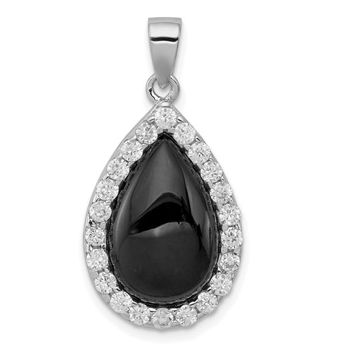 Sterling Silver Rhodium-plated Onyx Teardrop and CZ Halo Pendant