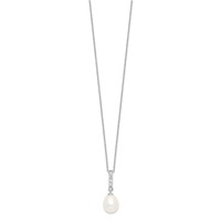 Sterling Silver Rhodium-plated 8-9mm White Teardrop Freshwater Cultured Pearl and CZ Necklace, 17" view 2