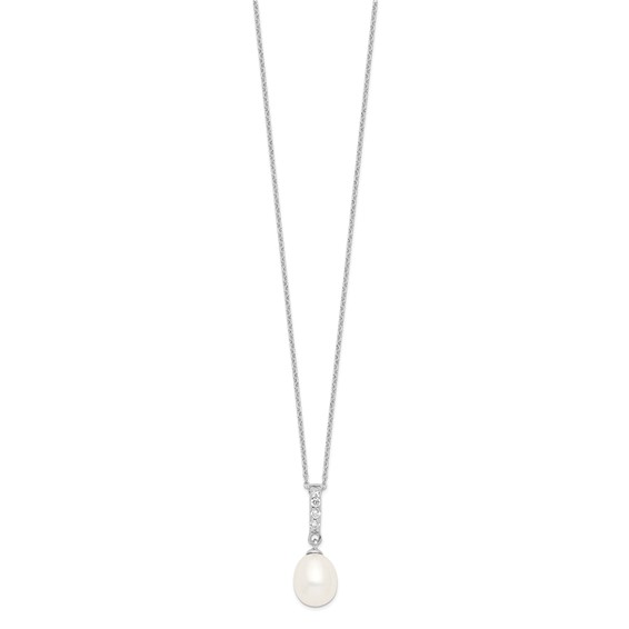 Sterling Silver Rhodium-plated 8-9mm White Teardrop Freshwater Cultured Pearl and CZ 17 inch Necklace