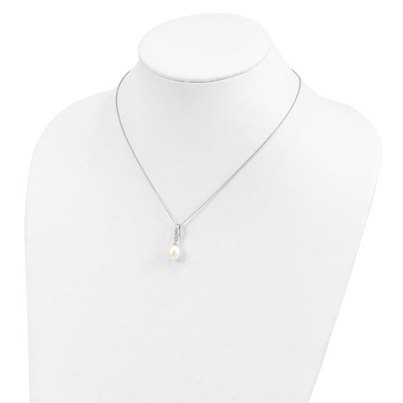 Sterling Silver Rhodium-plated 8-9mm White Teardrop Freshwater Cultured Pearl and CZ 17 inch Necklace