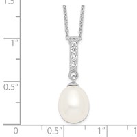 Sterling Silver Rhodium-plated 8-9mm White Teardrop Freshwater Cultured Pearl and CZ Necklace, 17" view 3