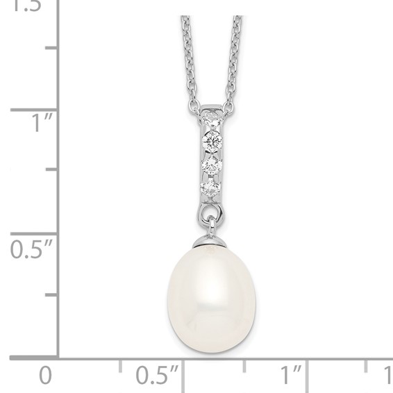 Sterling Silver Rhodium-plated 8-9mm White Teardrop Freshwater Cultured Pearl and CZ 17 inch Necklace