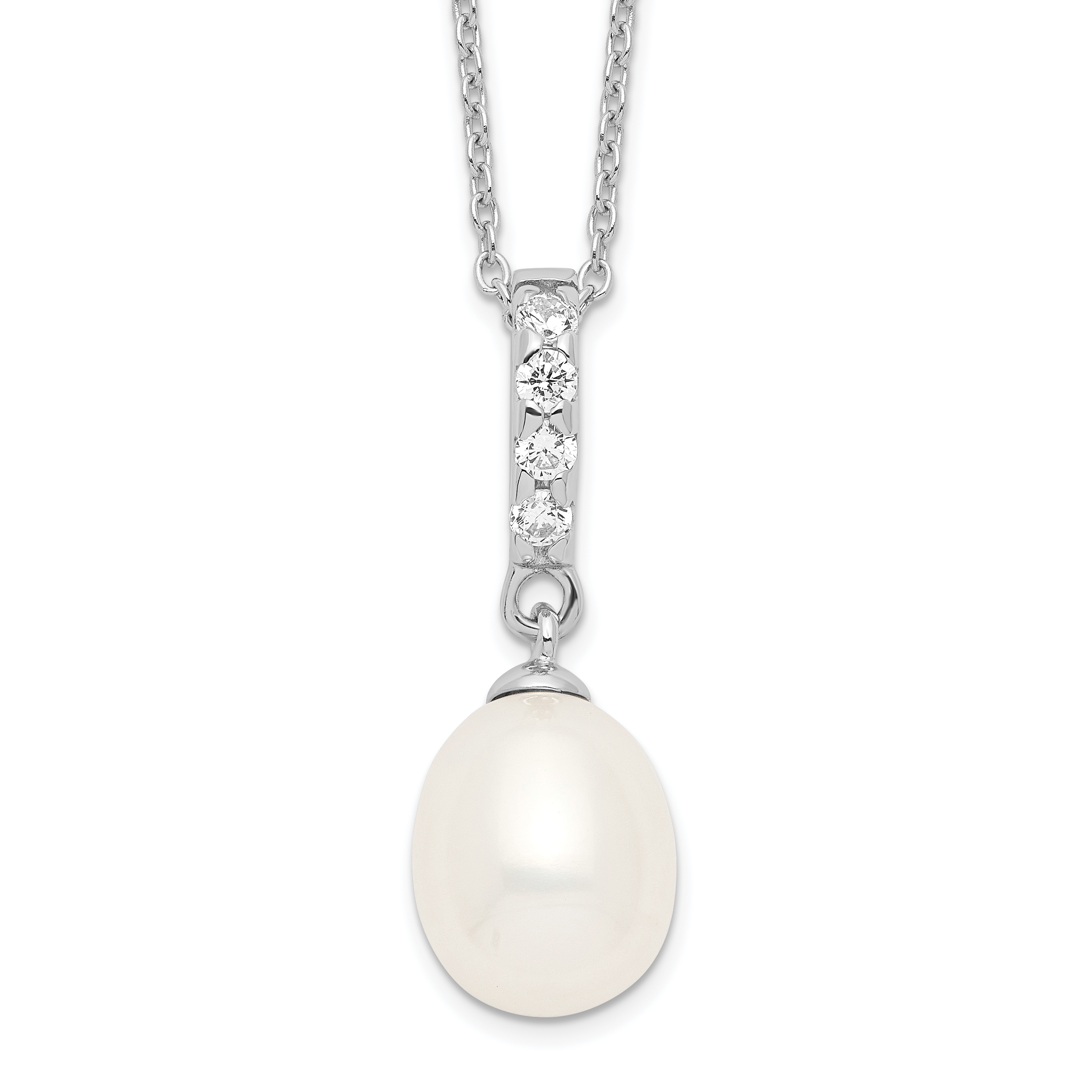 Sterling Silver Rhodium-plated 8-9mm White Teardrop Freshwater Cultured Pearl and CZ 17 inch Necklace (QP4699)