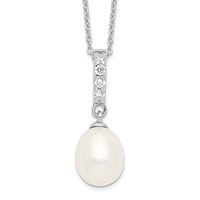 Sterling Silver Rhodium-plated 8-9mm White Teardrop Freshwater Cultured Pearl and CZ Necklace, 17" view 1