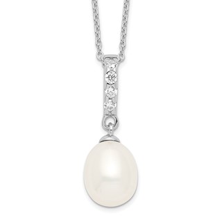 Sterling Silver Rhodium-plated 8-9mm White Teardrop Freshwater Cultured Pearl and CZ 17 inch Necklace