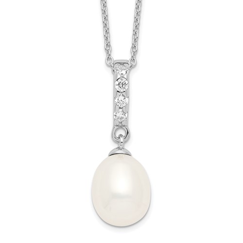 Sterling Silver Rhodium-plated 8-9mm White Teardrop Freshwater Cultured Pearl and CZ Necklace, 17"