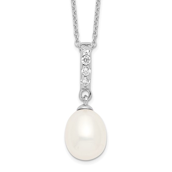 Sterling Silver Rhodium-plated 8-9mm White Teardrop Freshwater Cultured Pearl and CZ 17 inch Necklace