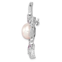 Sterling Silver Rhodium-plated 10-11mm White Button Freshwater Cultured Pearl CZ 2.50 Carat Pink Corundum Flower Brooch Pin view 2