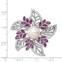 Sterling Silver Rhodium-plated 10-11mm White Button Freshwater Cultured Pearl CZ 2.50 Carat Pink Corundum Flower Brooch Pin view 3