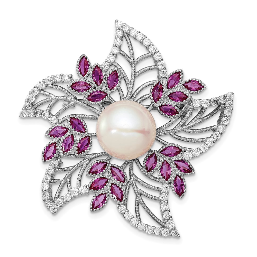 Sterling Silver Rhodium-plated 10-11mm White Button Freshwater Cultured Pearl, CZ and 2.50 Carat Pink Corundum Flower Pin (QP4766)