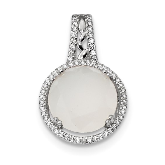 Sterling Silver Rhodium-plated CZ & Milky White Glass Stone Pendant