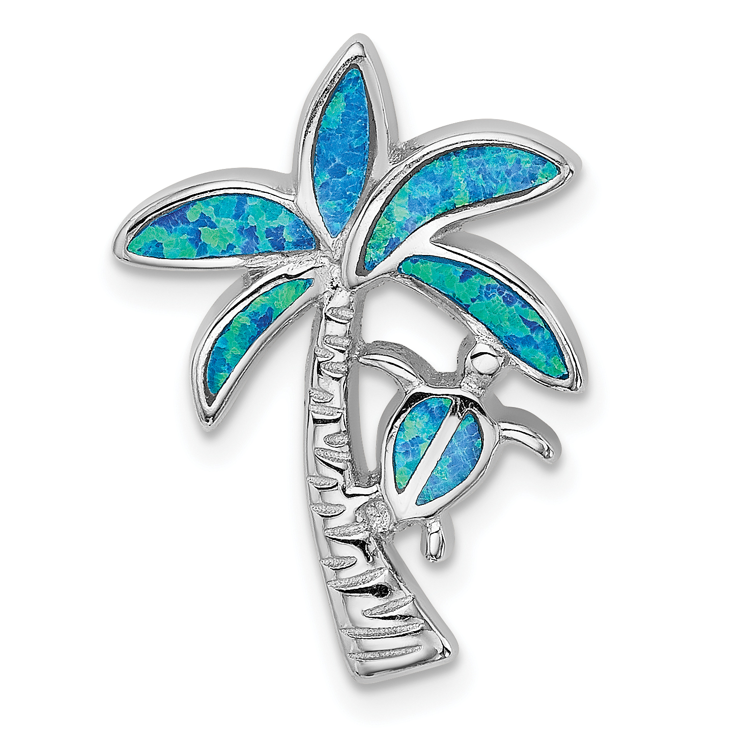 Sterling Silver Rhodium-plated Blue Inlay Created Opal Palm Tree Slide (QP4862)