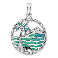 Sterling Silver Rhod-plated Created Opal Palm Tree Ocean Pendant view 1