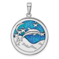 Sterling Silver Rhodium-plated Blue Created Opal Dolphins Pendant view 1