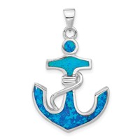 Sterling Silver Rhodium-plated Blue Created Opal Anchor Pendant view 1