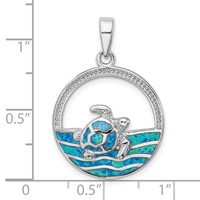 Sterling Silver Rhodium-plated Polished Blue Inlay Created Opal Turtle Pendant view 4